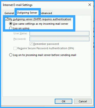 Tích vào My outgoing server (SMTP) requires authentication với tùy chọn Use same settings as my incoming mail server