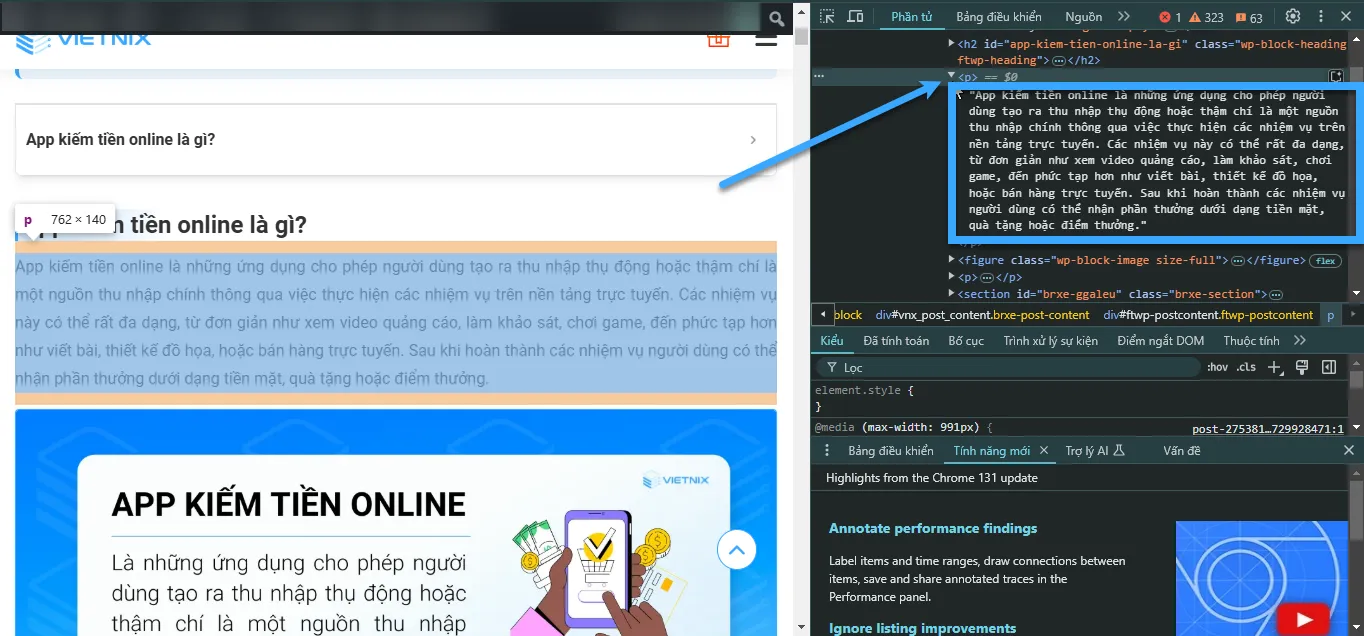Tìm và sao chép đoạn mã tương ứng với phần nội dung