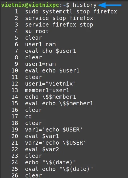 Xem lại các lệnh đã thực hiện trước đó với lệnh history trong Linux