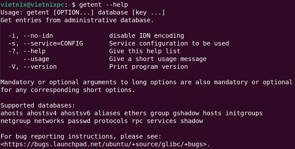 Hiển thị trang trợ giúp về lệnh getent trong Linux