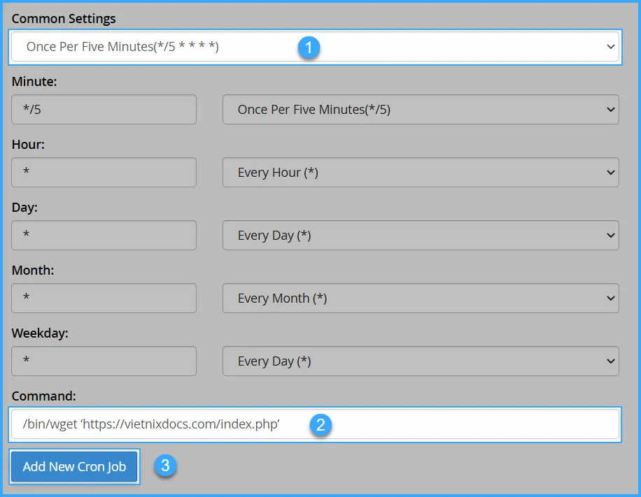 Cấu hình truy cập index.php bằng wget mỗi 5 phút
