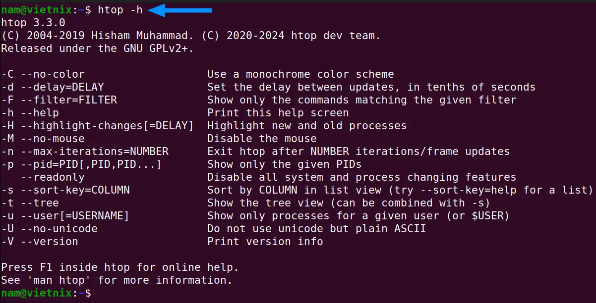 Xem trang trợ giúp của lệnh htop