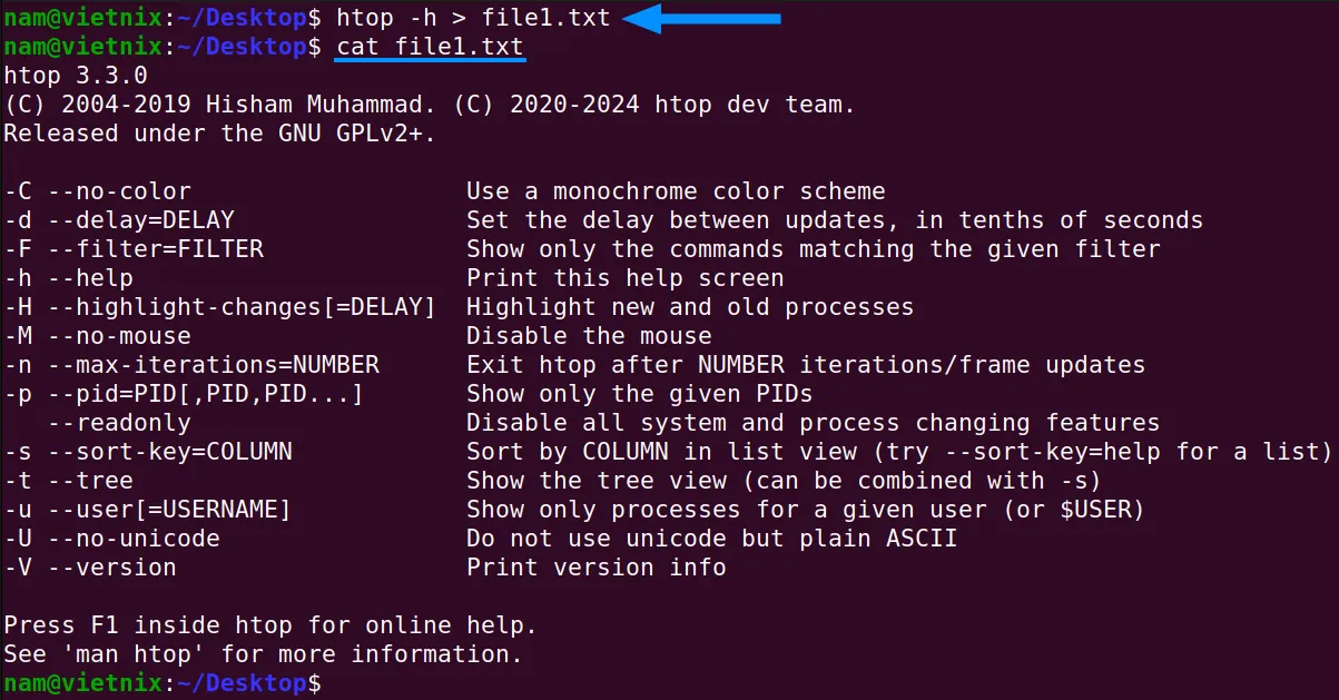 Chuyển hướng kết quả của lệnh htop sang file