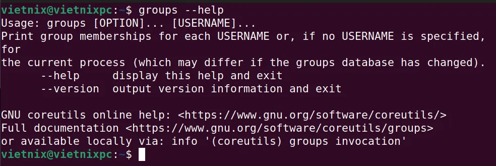 Xem thông tin trợ giúp về lệnh groups trong Linux