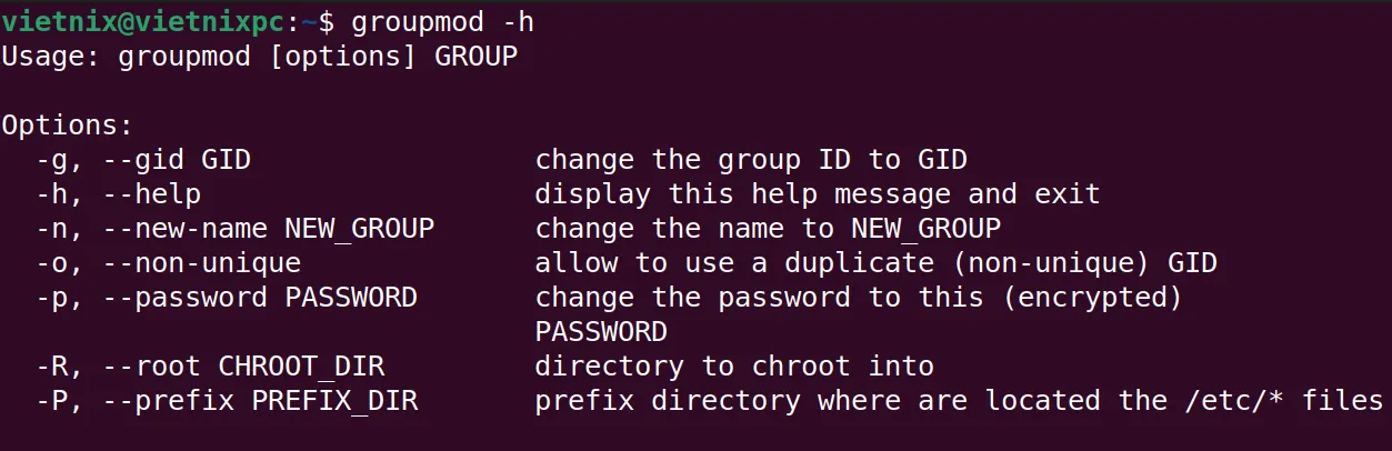 Xem trợ giúp về lệnh groupmod trong Linux