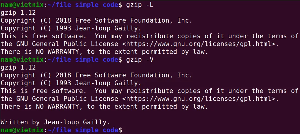 Xem giấy phép và phiên bản của gzip