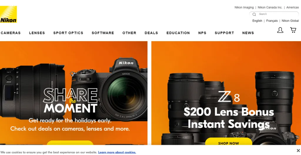 Trang web của Nikon Canada hỗ trợ hai ngôn ngữ là tiếng Anh và tiếng Pháp