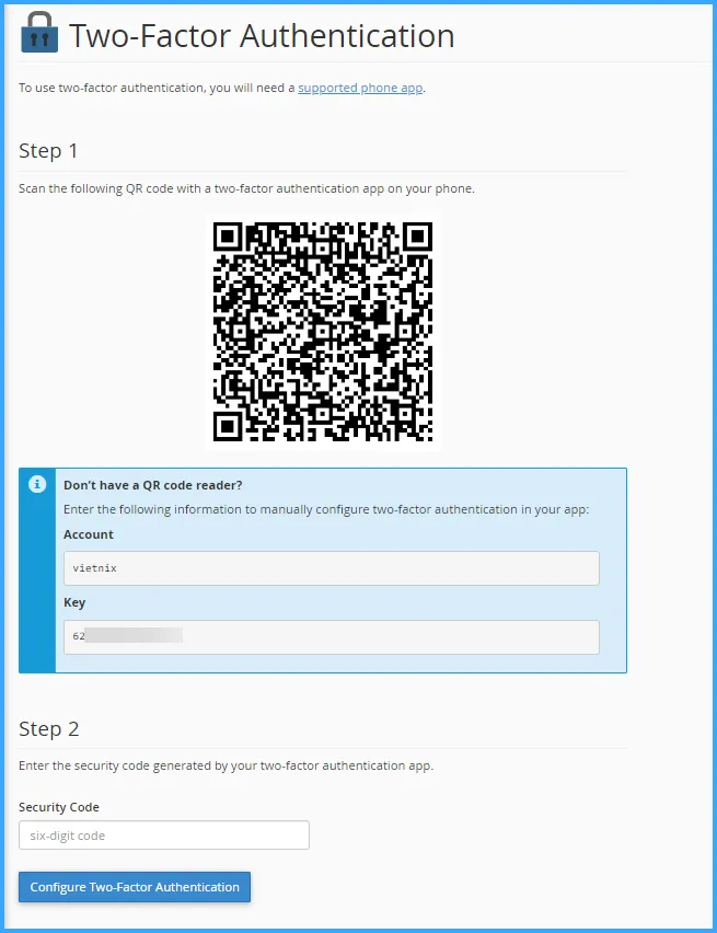 Hướng dẫn bật tính năng xác thực 2 yếu tố (2FA) trên cPanel 23 Giao diện thiết lập xác thực 2 yếu tố trên cPanel