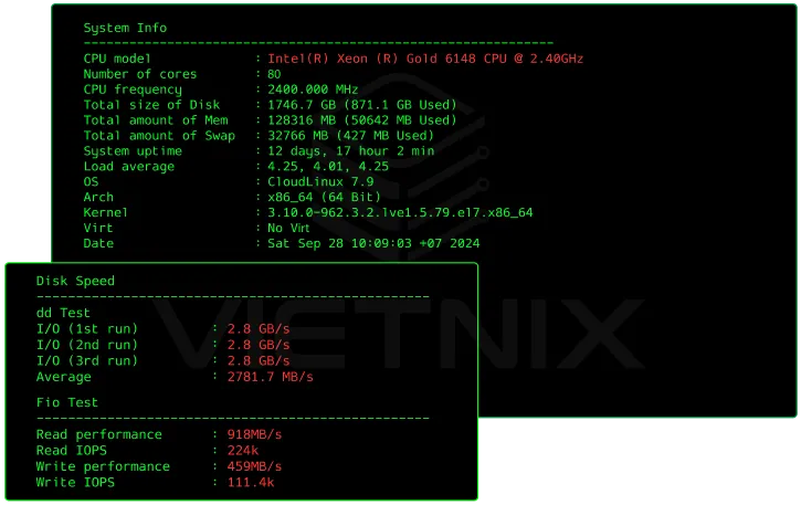 Benchmark tốc độ NVMe Hosting tại Vietnix