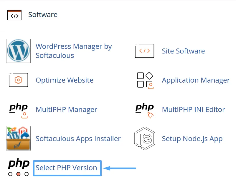 Chọn Select PHP Version