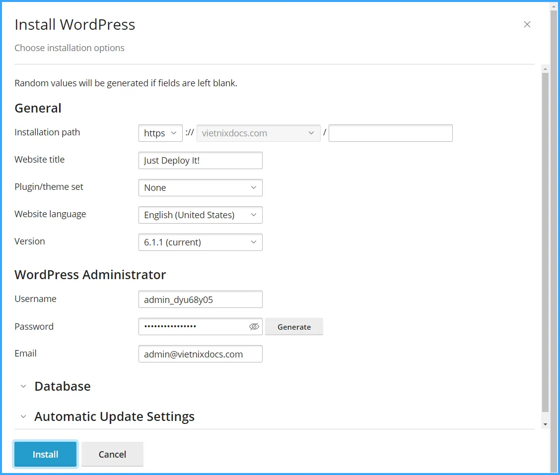 Nhập thông tin cài đặt WordPress khi sử dụng cPanel với giao diện Jupiter