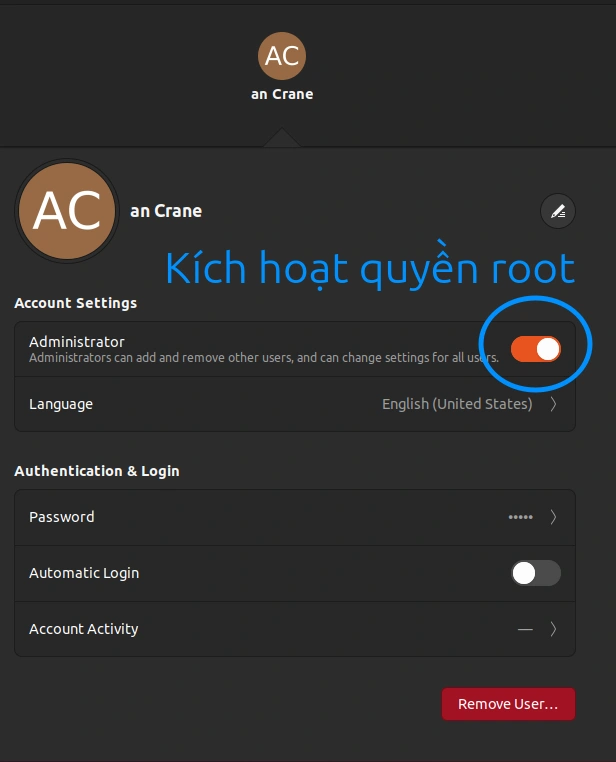 Cấp quyền root cho người dùng