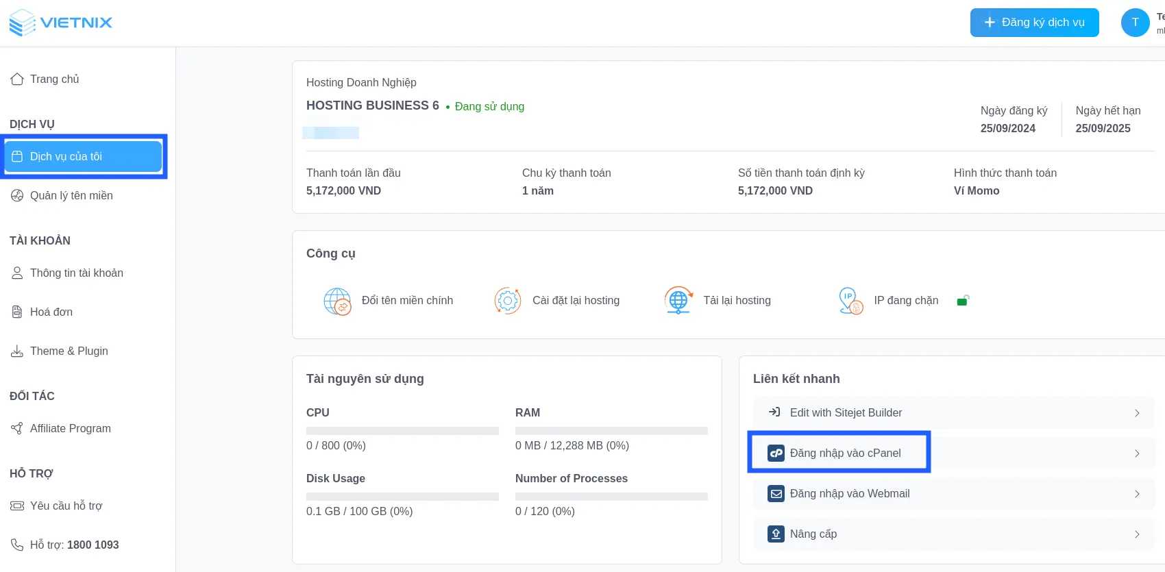 Đăng nhập cPanel trên Portal Vietnix