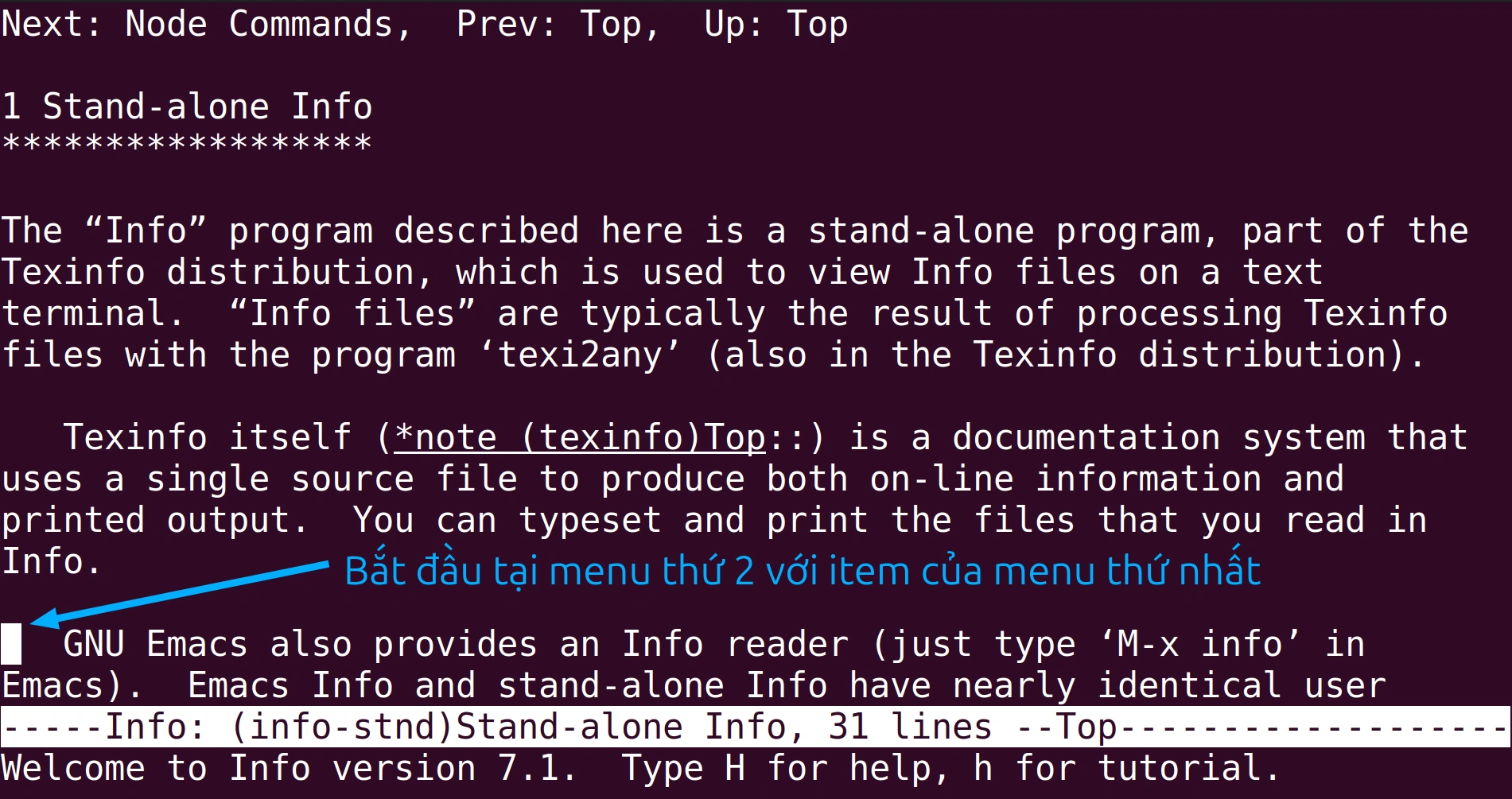Hiển thị thông tin về Emacs