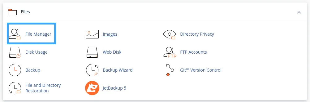 Kéo xuống phần File và bấm vào mục File Manager