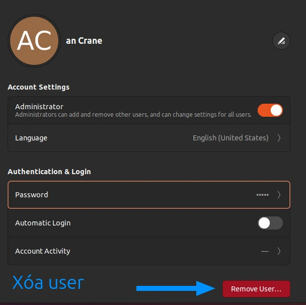 Nhấn Remove User….