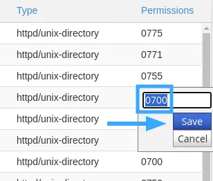 Nhập trực tiếp giá trị CHMOD ở phần Permissions của file, thư mục