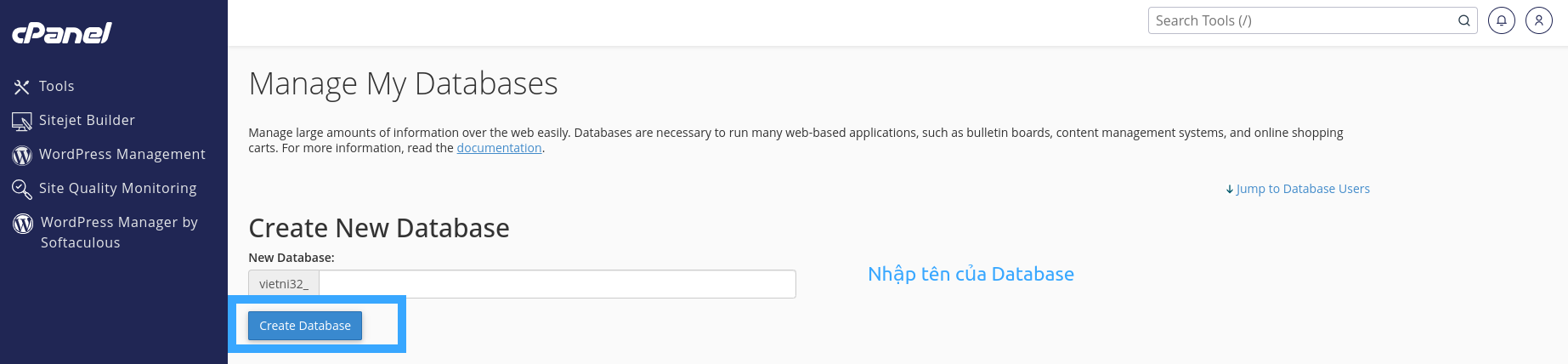 đến đây bạn nhập tên của database