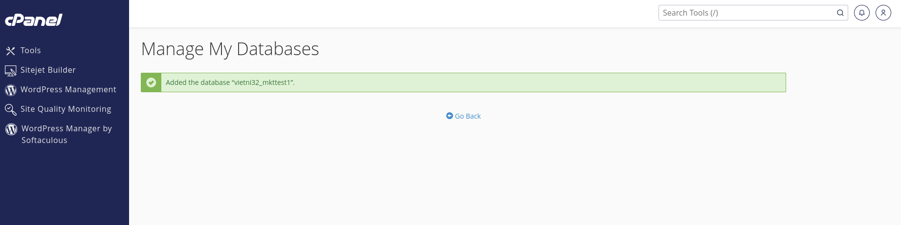bấm go back khi tạo database thành công