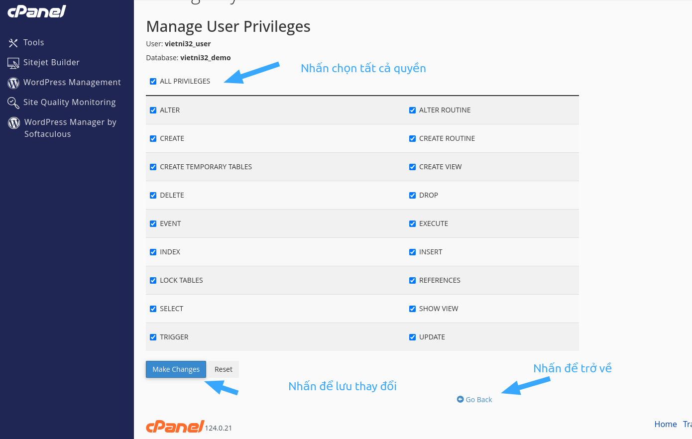 Cấp quyền cho user trong database