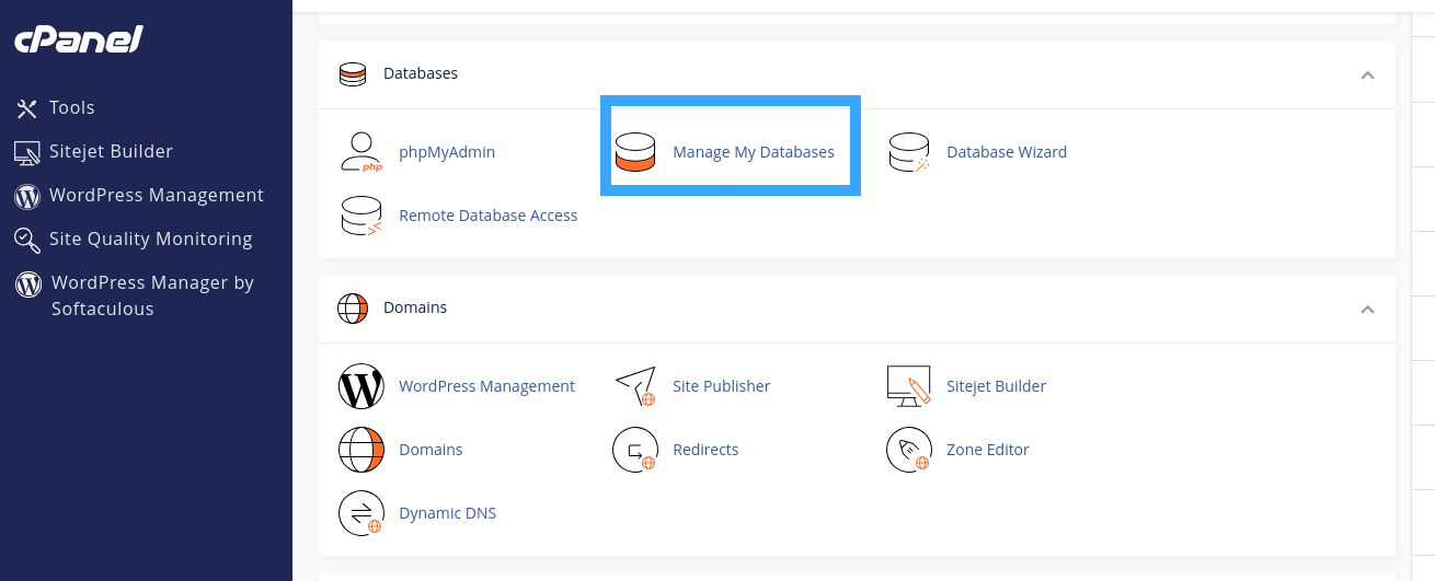 đăng nhập vào cpanel và nhấn chọn Manage My Databases