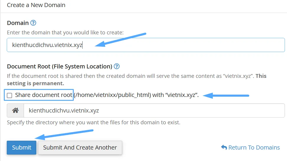 Nhập thông tin để tạo Subdomain trên cPanel