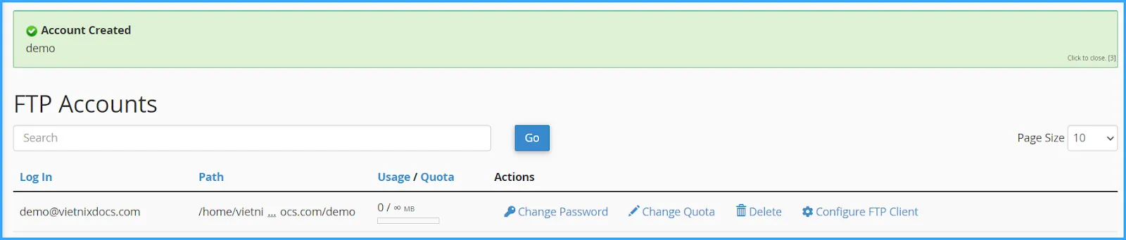 Xác nhận tạo tài khoản ftp thành công