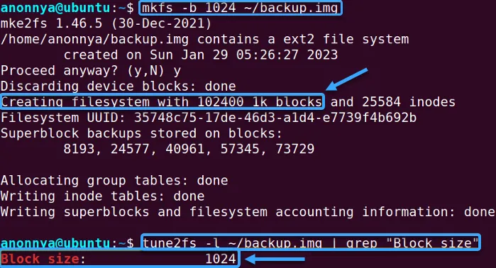 Hệ thống file được tạo với kích thước khối chỉ định