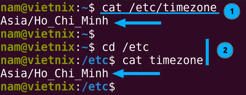 Dùng lệnh cat để xem file timezone