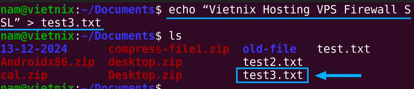 File tên test3.txt đã được tạo