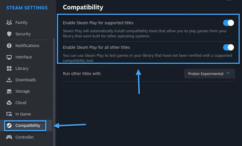 Kích hoạt Enable Steam Play for all other titles
