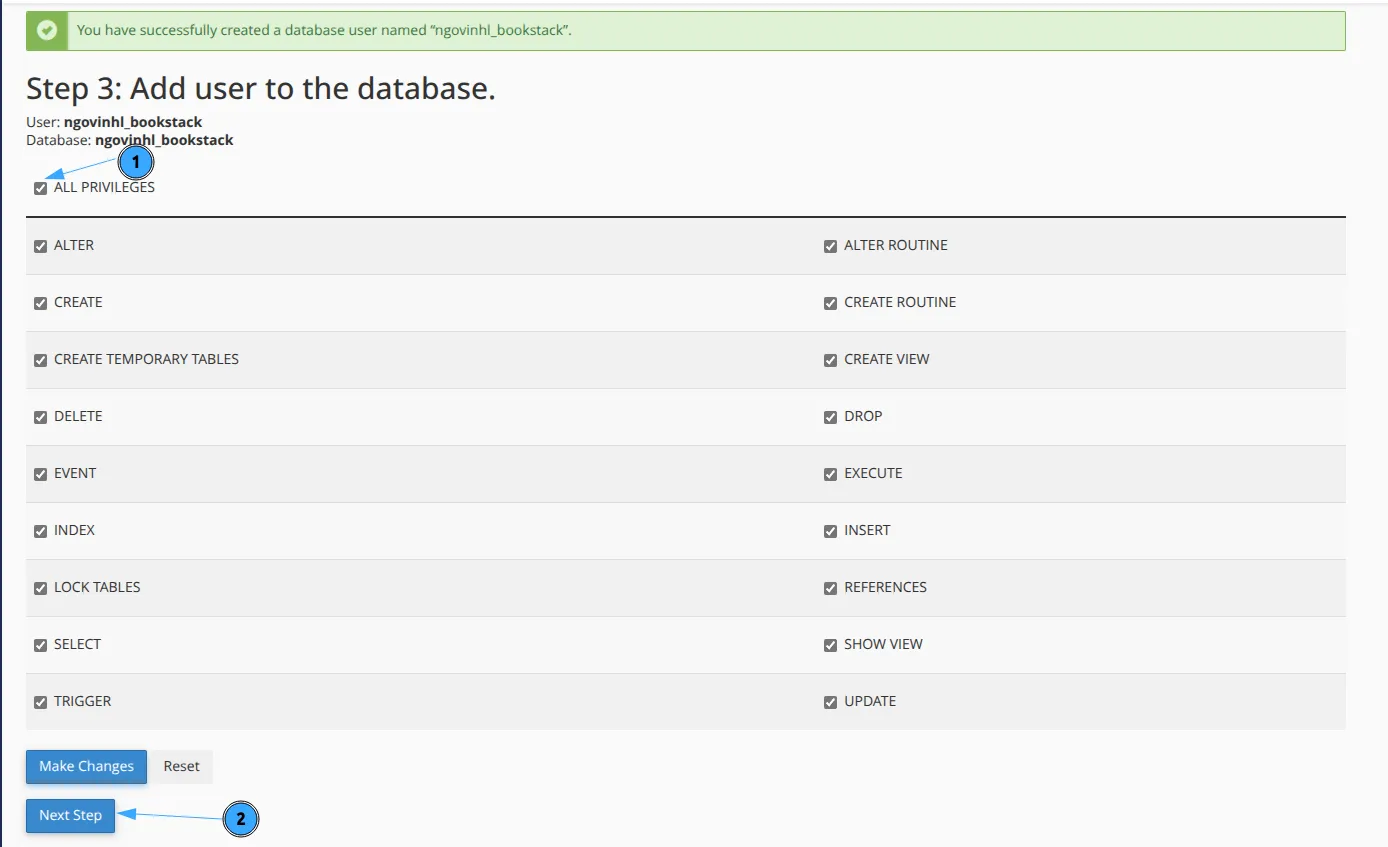 Cấp quyền cho user database