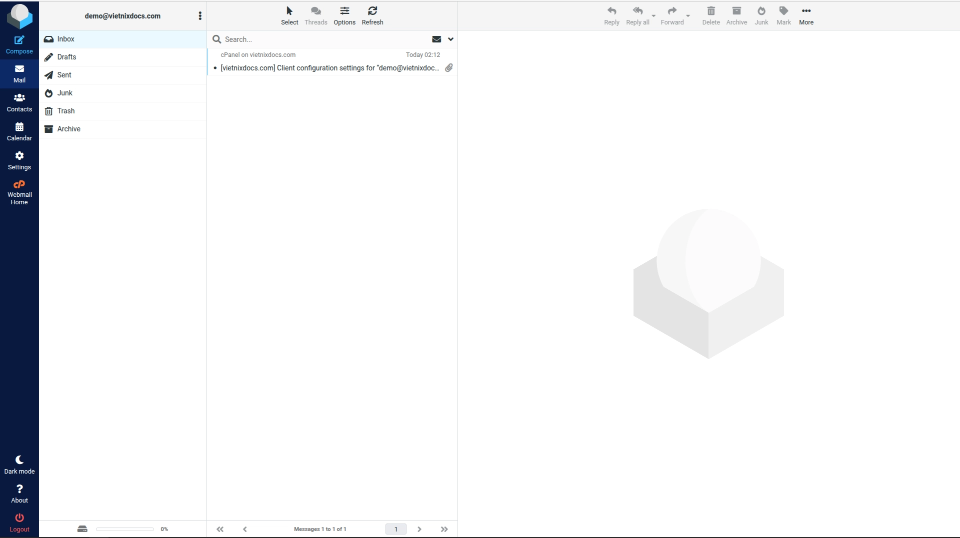 Đăng nhập Webmail từ cPanel thành công