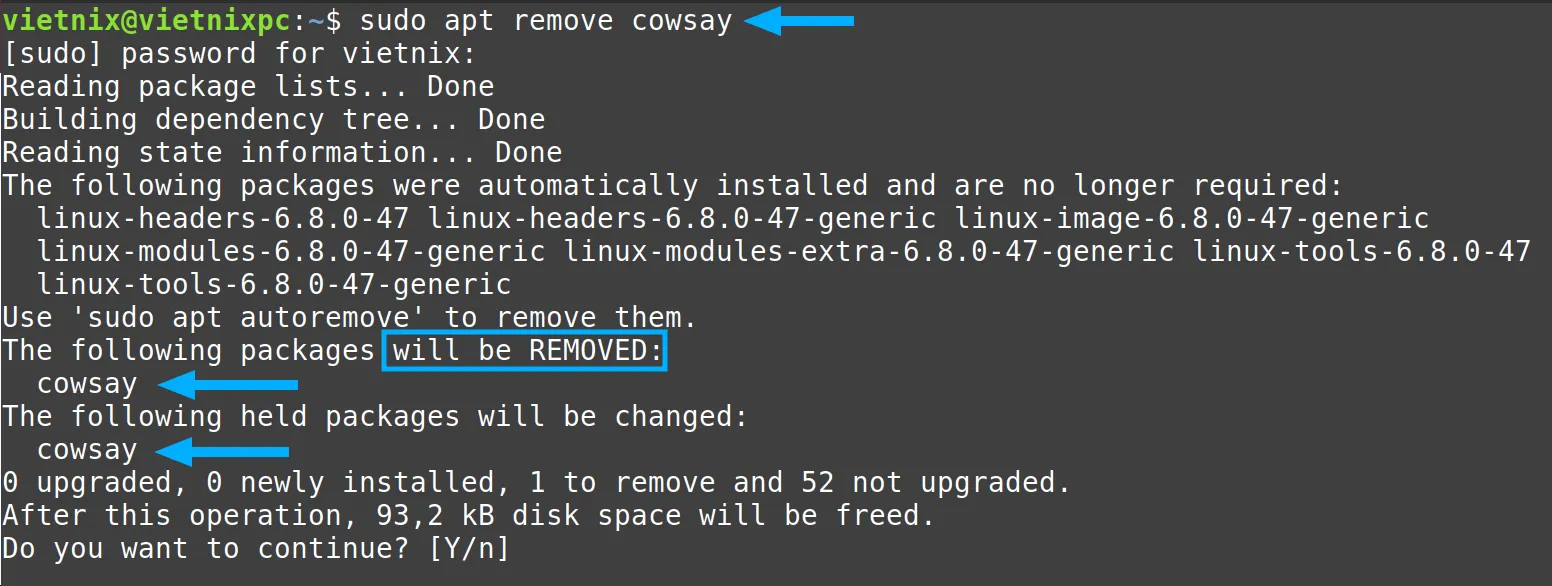 Gỡ cài đặt package cowsay