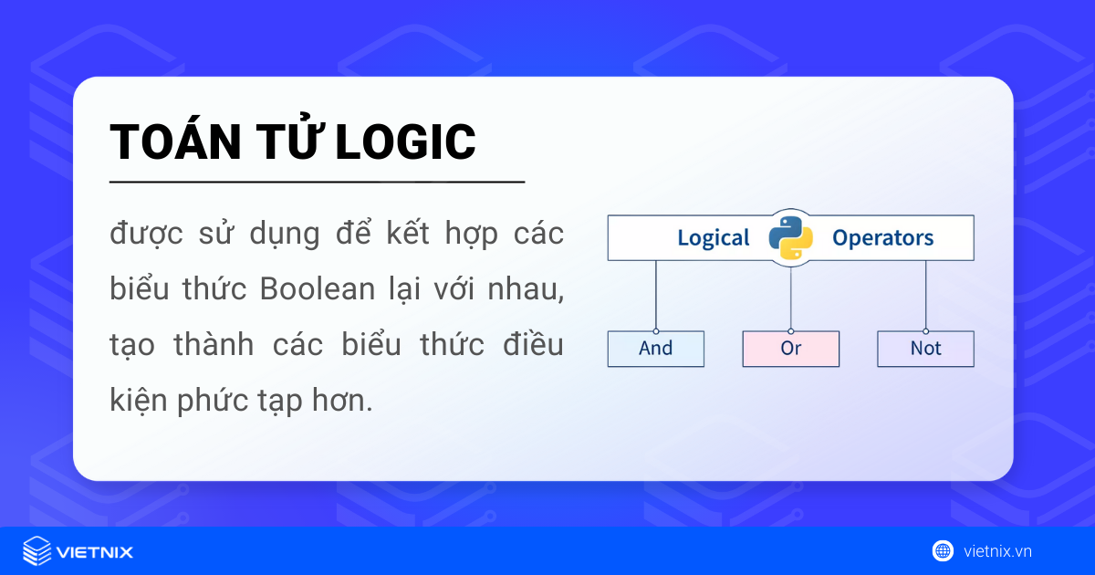 Toán tử Logic trong Python sử dụng để kết hợp các biểu thức Boolean lại với nhau