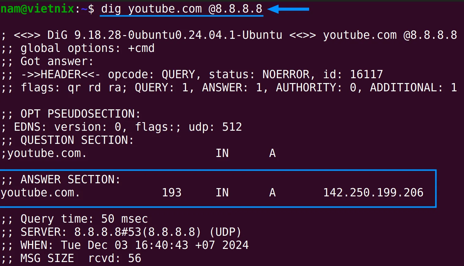 Truy vấn nameserver cụ thể bằng lệnh dig trong Linux