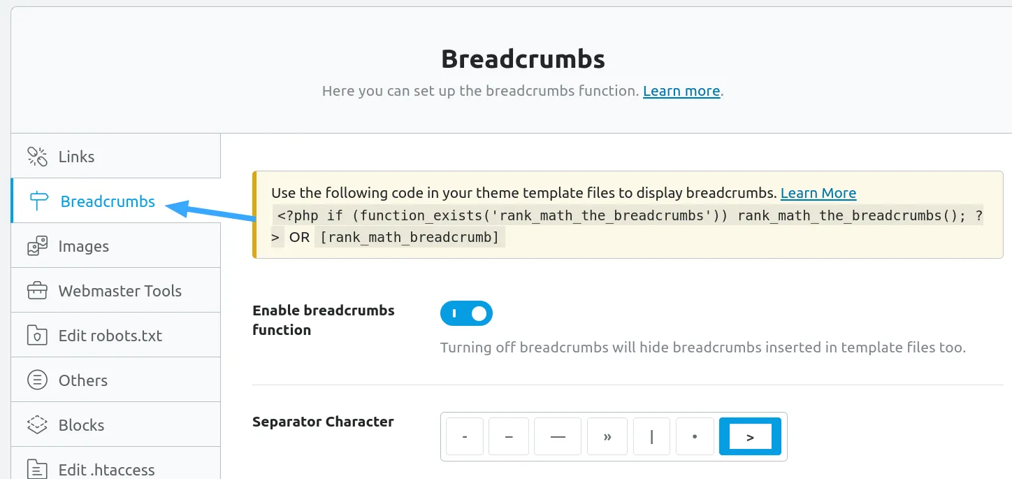 Mở cài đặt Breadcrumbs