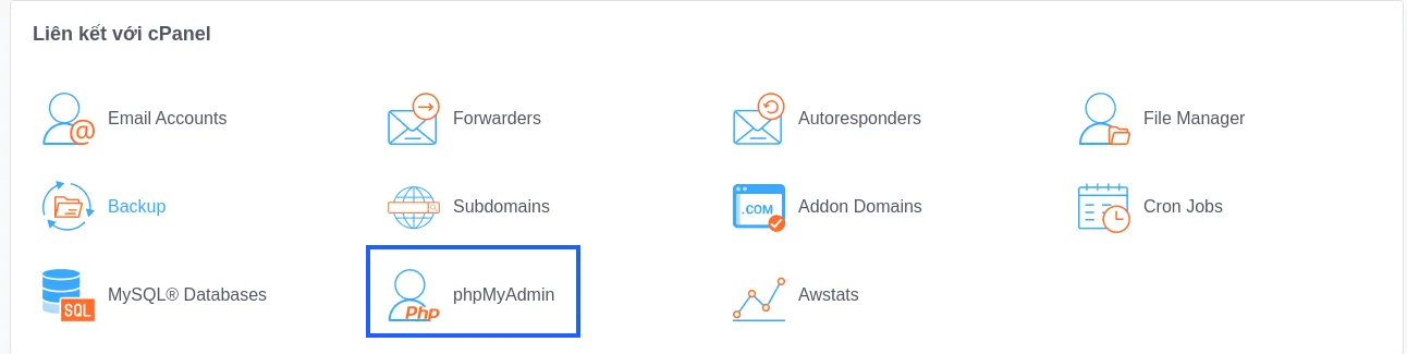 Kéo xuống tới phần Liên kết với cPanel và bấm vào mục phpMyAdmin
