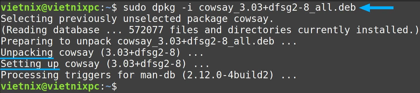 Giải nén và cài đặt package cowsay