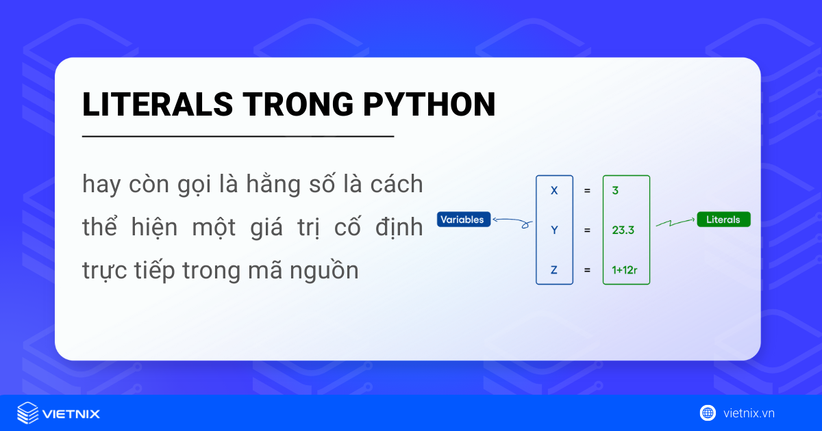 Tìm hiểu về Literal trong Python 5 Literal trong Python là cách thể hiện một giá trị cố định trực tiếp trong mã nguồn
