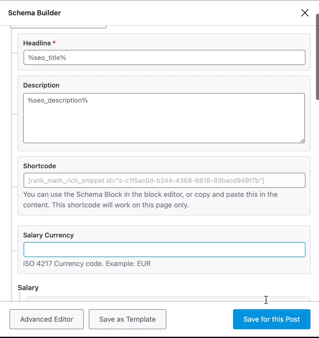 Các tùy chọn có sẵn trong Schema Builder