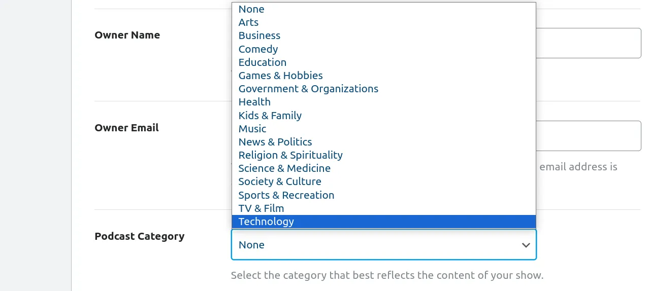 Chọn Podcast Category