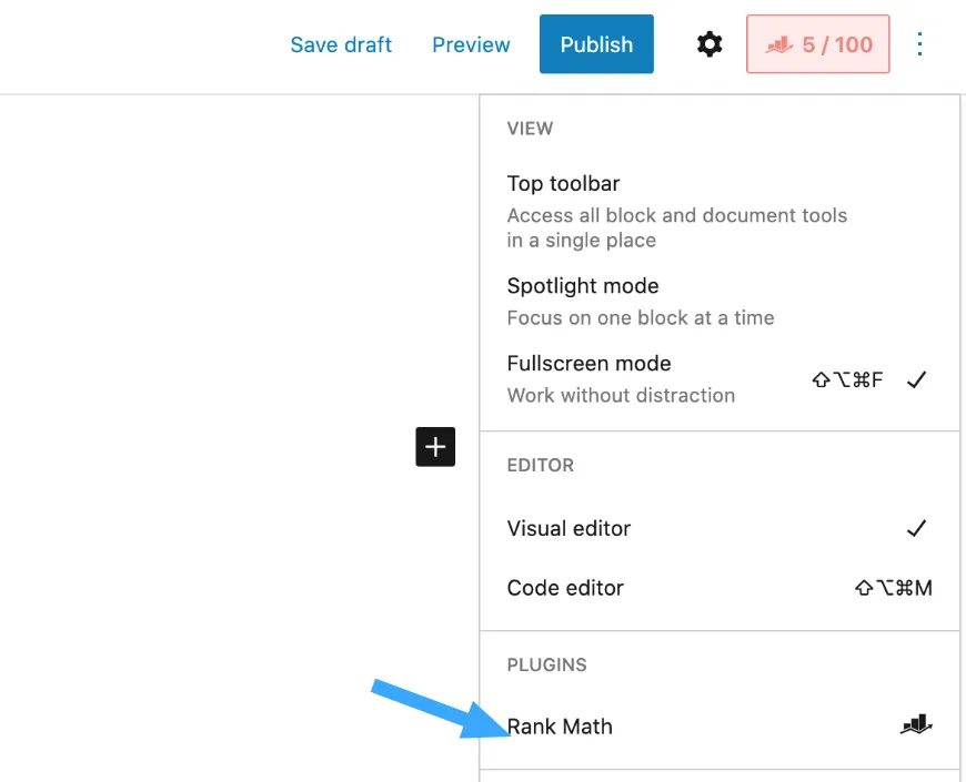 Mở Rank Math trong sidebar Gutenberg