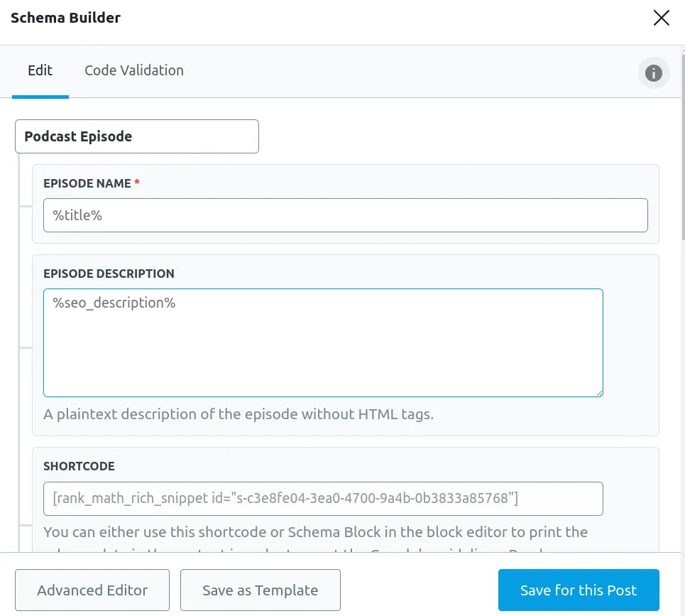 Điền đầy đủ các thông tin tại Schema Builder