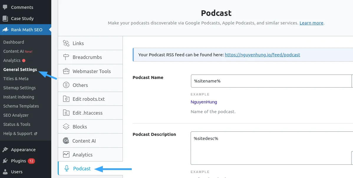 Truy cập vào module Podcast thông qua tab General Setting của Rank Math