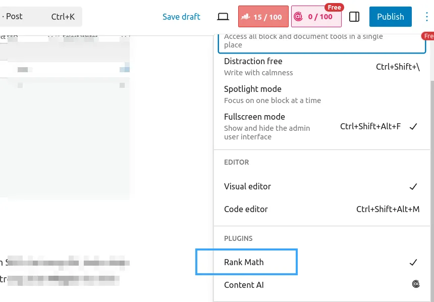 Mở Rank Math trong sidebar Gutenberg