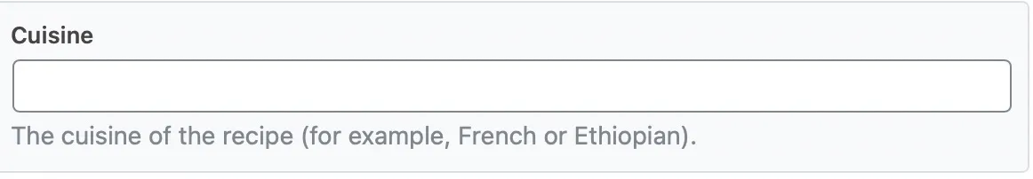 Tùy chọn Cuisine trong schema Recipe