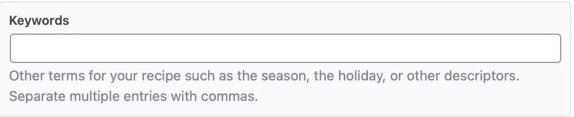 Tùy chọn Keywords trong schema Recipe