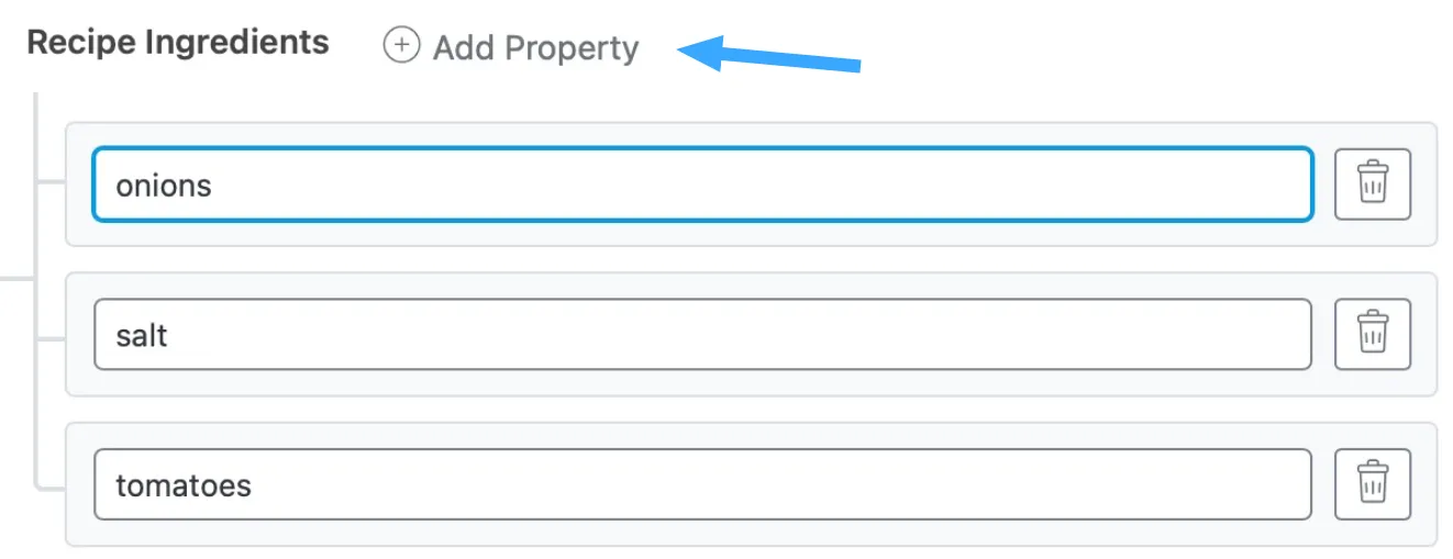 Tùy chọn Recipe Ingredients trong schema Recipe