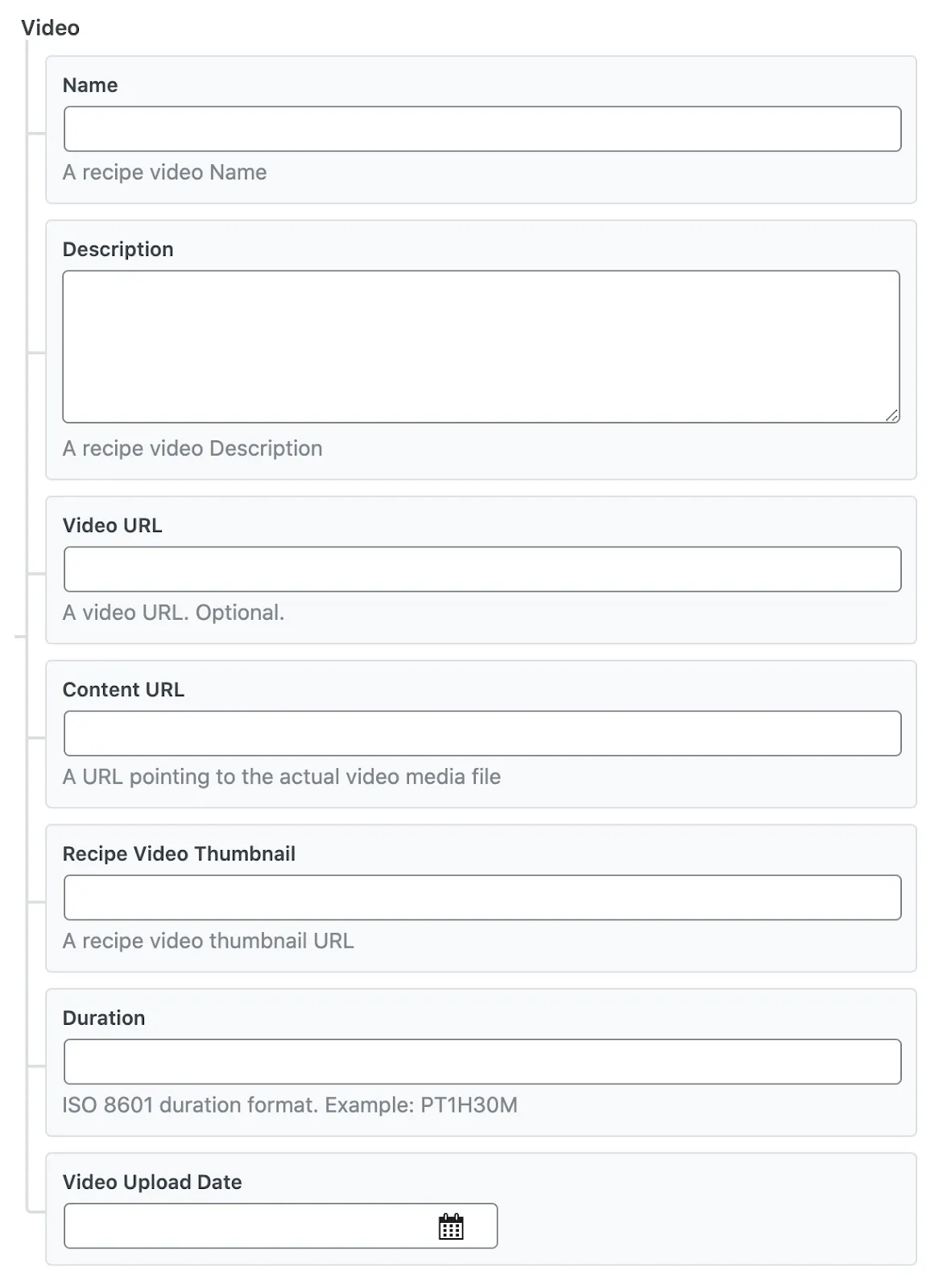Tùy chọn video trong schema Recipe